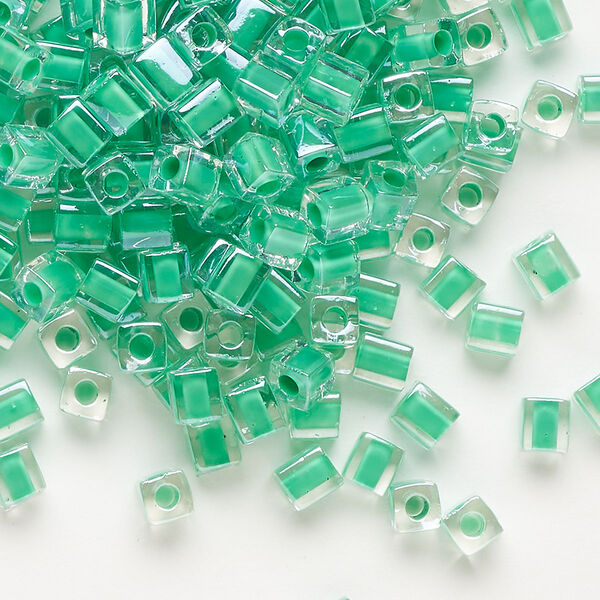 Seed bead, Miyuki, glass, pkg/25g, 3.5-3.7mm square, transparent green inside dyed color clear (SB-219). image number 0