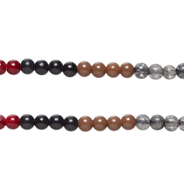 Bead, glass, opaque and translucent cranberry and mixed neutrals, 8-8.5mm round. Sold per pkg of (2) 7-inch strands, approximately 50 beads. image number 0