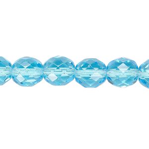 Bead, Czech fire-polished glass, light turquoise blue, 10mm faceted round. Sold per 15-1/2" to 16" strand, approximately 40 beads.