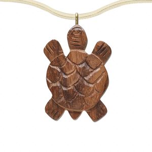 Focal, wood (natural) and brass, brown, 42x28mm single-sided carved turtle. Sold per pkg of 6.