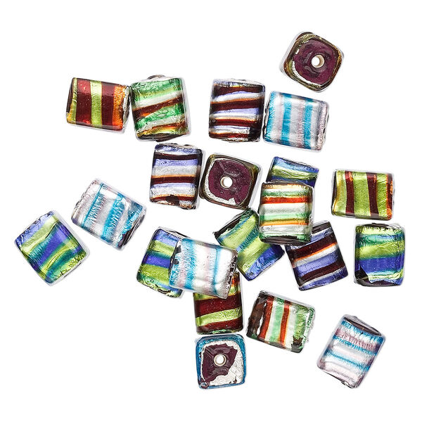 Bead mix, glass, mixed colors and patterns with silver-colored foil, 13x10mm rectangle. Sold per pkg of 100-grams, approximately 35 beads. image number 0