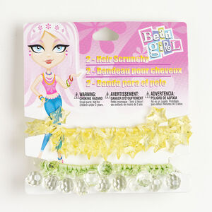 Hair scrunchy 1pkg2, elastic / nylon / acrylic / glass, green and yellow, 11.5mm faceted round and 16mm faceted star, 7 inches.