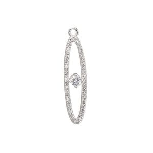 Drop, cubic zirconia and silver-plated brass, clear, 25x6.5mm single-sided open oval. Sold individually.