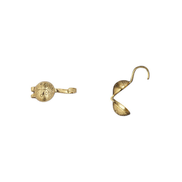 Bead tip, Hot Tips®, antique gold-plated brass, 7x5mm bottom clamp-on ladybug with open loop. Sold per pkg of 100. image number 0