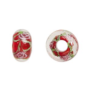 Bead, lampworked glass, opaque red and multicolored, 16x9mm rondelle with rose. Sold per pkg of 4.