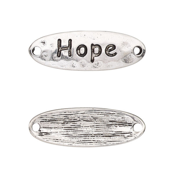 Link, antique silver-finished "pewter" (zinc-based alloy), 29.5x10mm single-sided curved hammered flat oval with "Hope." Sold per pkg of 2. image number 0