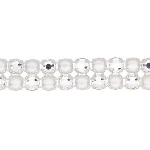 Banding  1pk silver plate opaque and transparent white and crystal, Preciosa Rose Viva 12® Czech 10mm wide 4.5mm round 7.75 inch