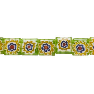 Bead, millefiori glass, translucent green and multicolored, 7mm-9x8mm puffed square with flower design. Sold per 14-inch strand.