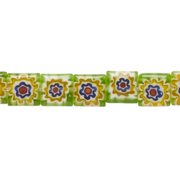 Bead, millefiori glass, translucent green and multicolored, 7mm-9x8mm puffed square with flower design. Sold per 14-inch strand. image number 0