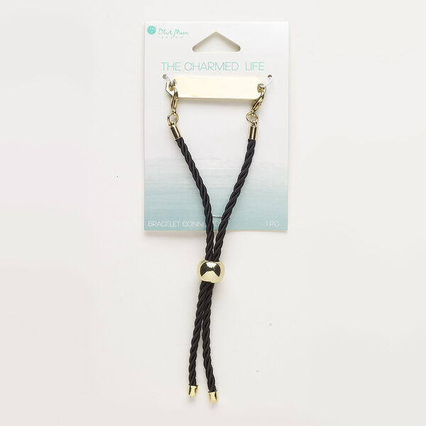 Bracelet, satin / gold-finished "pewter" (zinc-based alloy) / gold-finished steel, black, 41x10mm rectangle, adjustable from 7-1/2 to 10 inches with bead closure. Sold individually. image number 0