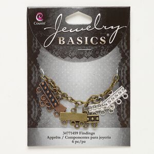 Drop assortment, silver- / antiqued brass- / copper-finished steel, 19x6mm beaded rectangle. Sold per pkg of 6.