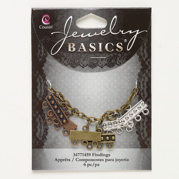 Drop assortment, silver- / antiqued brass- / copper-finished steel, 19x6mm beaded rectangle. Sold per pkg of 6. image number 0