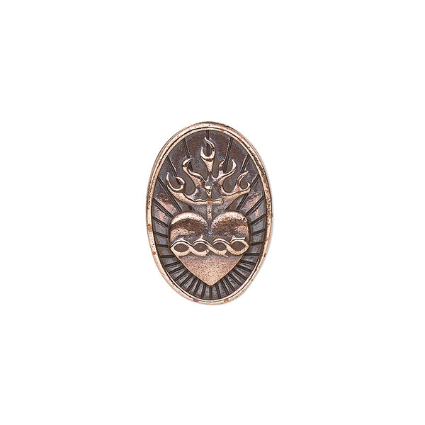 Button, TierraCast®, antique copper-plated pewter, 19x13mm oval with sacred heart and closed loop. Sold individually. image number 0