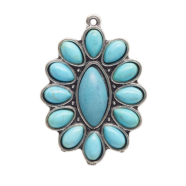 Focal, antique silver-finished "pewter" (zinc-based alloy) and "turquoise" (resin) (imitation), turquoise blue, 33x25mm single-sided oval with marquise cabochon. Sold per pkg of 2. image number 0