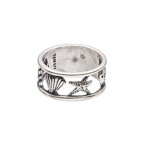 Ring, antiqued sterling silver, 9.5mm wide with cutout shells / starfish / sand dollar design, size 7.5. Sold individually.