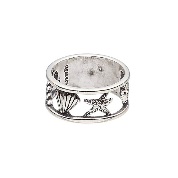 Ring, antiqued sterling silver, 9.5mm wide with cutout shells / starfish / sand dollar design, size 7.5. Sold individually. image number 0