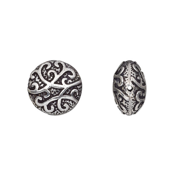 Bead, antique silver-plated brass, 14mm fancy puffed flat round. Sold per pkg of 2. image number 0