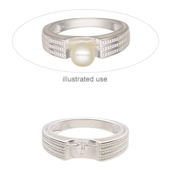 Ring, sterling silver, 5mm wide with beaded design and 4.5mm twisted peg, fits up to 8mm half-drilled round bead, size 7. Sold individually. image number 0