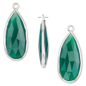 Drop, green onyx (dyed) and sterling silver, 27x12mm double-sided faceted teardrop. Sold per pkg of 2.