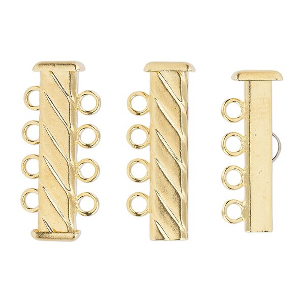 Clasp slide lock 1pkg4 gold-plated, 26x7mm corrugated rectangle tube, brass 4-strand image number 0