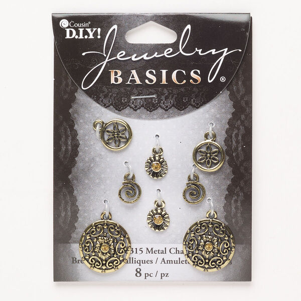 Charm and drop assortment, "pewter" (zinc-based alloy) and glass, pkg/8, antique gold finish and amber, 8-19mm round. image number 0