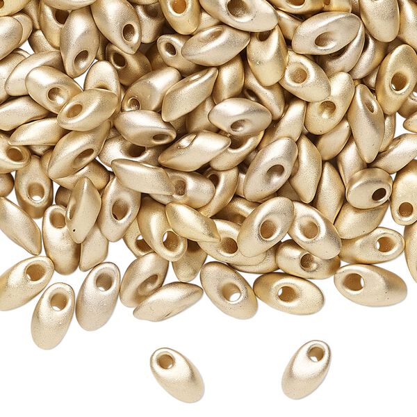 Seed bead, Miyuki, glass, pkg/250g, 7x4mm long magatama, opaque 24Kt gold-plated matte, (LMA-193F). image number 0