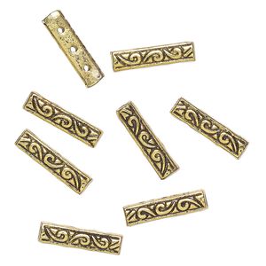 Bead, spacer, brass, pkg/8, 17x4mm 3-strand rectangle, antique gold finish, fits up to 5mm round beads.