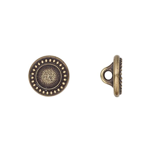 Button, TierraCast®, antique brass-plated pewter (tin-based alloy), 12mm beaded flat round with loop and SS34 round glue-in setting. Sold per pkg of 2. image number 0