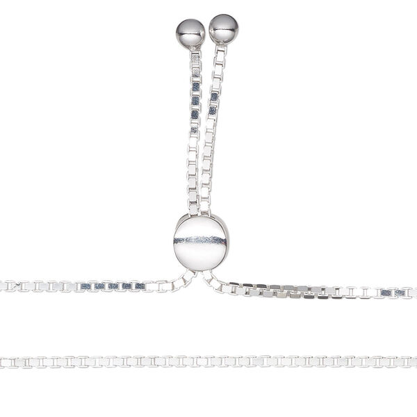 Necklace component, sterling silver and silicone, clear, 1.5mm box chain, 20 inches with 7mm flat round adjustable slider bead and 2 open loops. Sold individually. image number 0