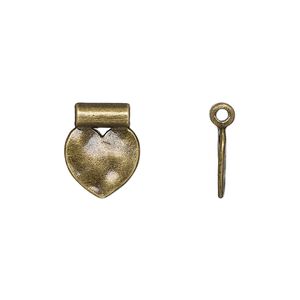 Pendant, slide, antique brass-finished "pewter" (zinc-based alloy), 14x11mm double-sided hammered flat heart with 1.7mm inside diameter. Sold per pkg of 20.