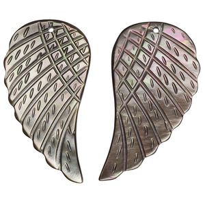 Focal, black lip shell (natural), 36x20mm-40x24mm single-sided hand-cut left- and right-facing carved wing, Mohs hardness 3-1/2. Sold per pkg of 2.