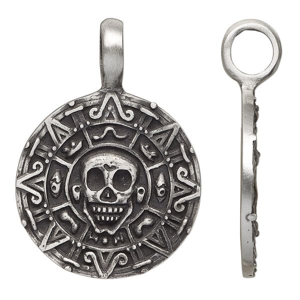 Pendant, antiqued pewter (tin-based alloy), 43x31mm single-sided skull coin. Sold individually. image number 0