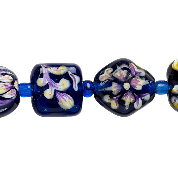 Bead, lampworked glass, violet-blue and multicolored, 11x11x10mm-15x15mm double-sided multi-shape with hand-painted floral design. Sold per 7-inch strand. image number 0