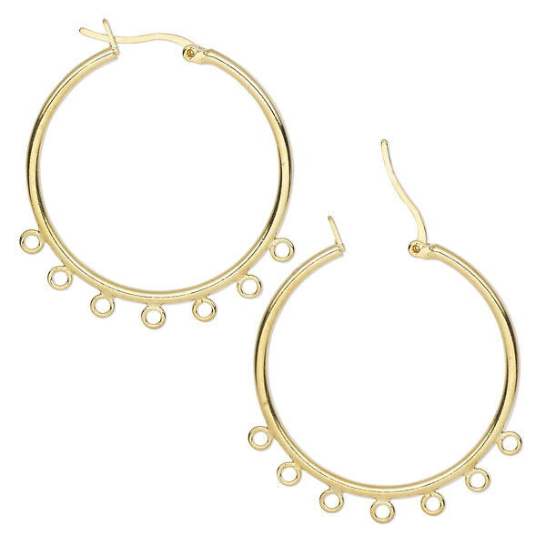 Earring, gold-plated brass, 32mm round hoop with 7 closed loops and latch-back closure. Sold per pair. image number 0