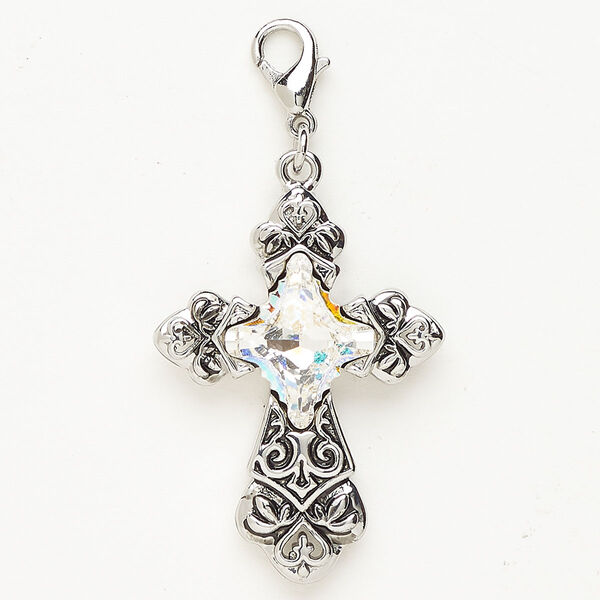 Focal "pewter" (zinc-based alloy) / crystal 1pkg1 31x24mm cross, clear AB / antique silver finish lobster claw clasp image number 0