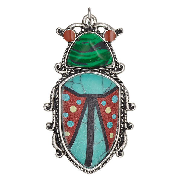 Focal, antique silver-finished "pewter" (zinc-based alloy) / "turquoise" (imitation) resin / "malachite" (imitation) resin / enamel, turquoise blue / multi-green / red , 2x1-1/4-inch single-sided beetle with steel jump ring. Sold individually. image number 0