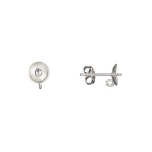 Earstud 1pkg2 sterling silver, 6mm cup with peg / open loop, 6-8mm half-drilled round setting, 1 pair