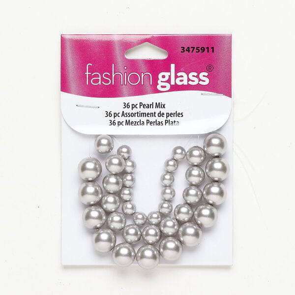 Bead assortment 1pkg36, glass pearl, grey, 5-6mm round / 8mm round / 10mm round. image number 0