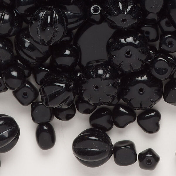 Bead mix, glass, opaque black, 4mm-30x13mm mixed shapes. Sold per 100 gram pkg, approximately 310 beads. image number 0