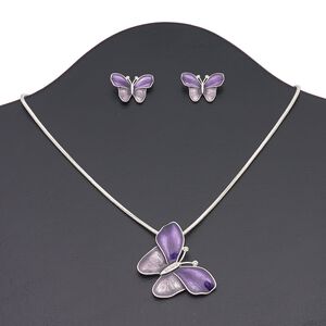 Necklace and earring set, enamel / Czech glass rhinestone / silver-finished brass / steel / "pewter" (zinc-based alloy), purple / lavender / clear, 42x40mm butterfly, 16 inches with 3-inch extender chain and lobster claw clasp, 22x16mm butterfly with post. Sold per set.