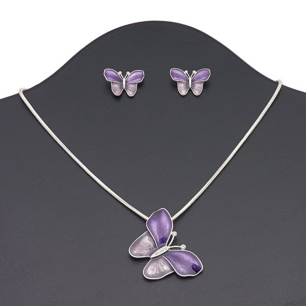 Necklace and earring set, enamel / Czech glass rhinestone / silver-finished brass / steel / "pewter" (zinc-based alloy), purple / lavender / clear, 42x40mm butterfly, 16 inches with 3-inch extender chain and lobster claw clasp, 22x16mm butterfly with post. Sold per set. image number 0