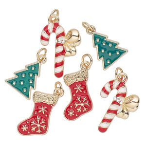 Charm assortment, gold-finished "pewter" (zinc-based alloy) / enamel / glass rhinestone, red and multicolored, Christmas shapes. Sold per pkg of 6.