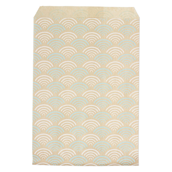 Bag, paper, brown, white and blue, 7x5 inch rectangle with fan-print and scalloped top edge. Sold per pkg of 100. image number 0