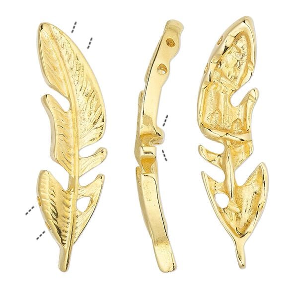 Spacer, gold-finished "pewter" (zinc-based alloy), 37x10mm single-sided curved feather with 4 holes. Sold per pkg of 2. image number 0