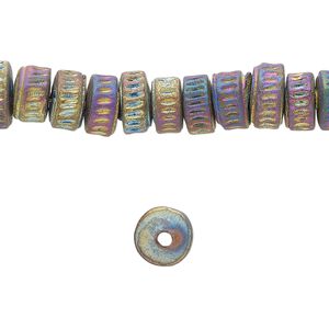Bead, pressed clay, rainbow, 8x4mm-8x6mm handmade corrugated rondelle. Sold per 16-inch strand, approximately 90 beads.