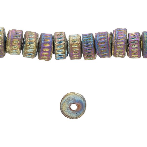 Bead, pressed clay, rainbow, 8x4mm-8x6mm handmade corrugated rondelle. Sold per 16-inch strand, approximately 90 beads. image number 0