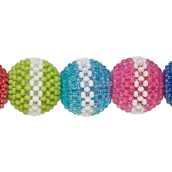 Bead, glass, opaque multicolored, 13mm round with vertical stripe design. Sold per pkg of 12. image number 0
