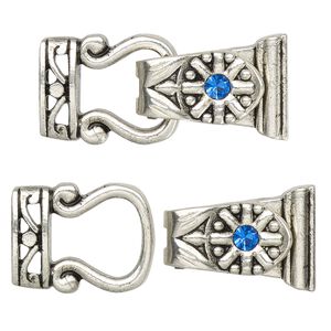 Clasp magnetic fold-over 1pkg2 "pewter" (zinc alloy), 29x13mm, antique silver-finished / blue rhinestone 2-strand