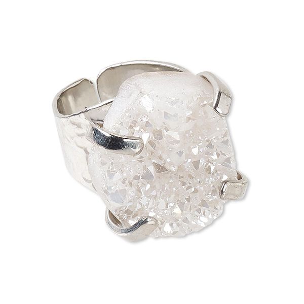 Ring, electroplated druzy agate (coated) and imitation rhodium-plated brass, white, hammered band with 24x18mm-27x21mm hand-cut freeform, adjustable. Sold individually. image number 0