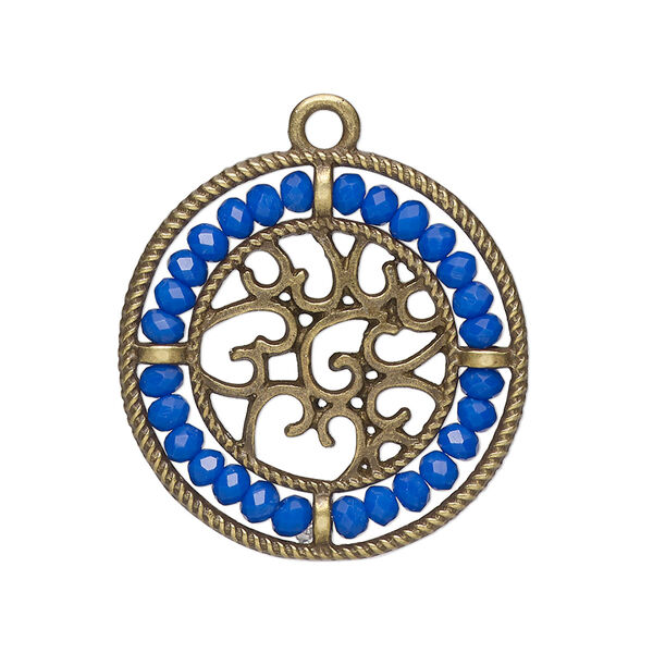 Drop, glass and antique brass-finished "pewter" (zinc-based alloy), cobalt blue, 28mm round with hearts and beaded border. Sold per pkg of 2. image number 0